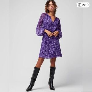 White House Black Market speckled dot violet Long Sleeve blouson Dress